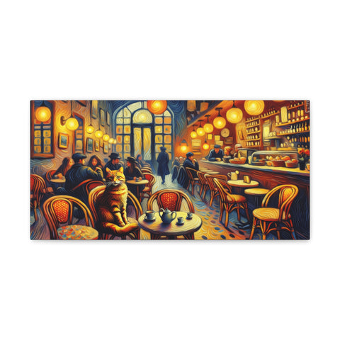 A vibrant canvas art depicting a cozy cafe interior scene with patrons at tables and a prominent cat sitting on a chair in the foreground, all in an expressive, colorful style.