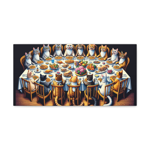 A whimsical canvas art depicting a group of animated cats dressed in various costumes, seated around a rectangular dinner table laden with an assortment of foods.