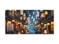 A canvas art piece depicting a vibrant night scene of a bustling traditional Japanese street lined with illuminated lanterns and neon signs.