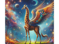 A vibrant canvas art featuring a majestic, winged giraffe with intricate patterns on its body, set against a fantastical cosmic backdrop with stars and celestial bodies.
