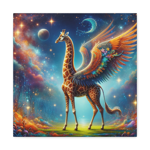 A vibrant canvas art featuring a majestic, winged giraffe with intricate patterns on its body, set against a fantastical cosmic backdrop with stars and celestial bodies.