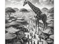 A monochrome canvas art depicting a surreal scene of a towering giraffe overlooking a bustling market with detailed stalls and people.