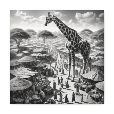 A monochrome canvas art depicting a surreal scene of a towering giraffe overlooking a bustling market with detailed stalls and people.
