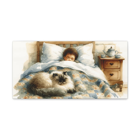 A canvas art depicting a cozy scene of a child sleeping peacefully in bed with a fluffy dog lying on top of the checkered blanket.