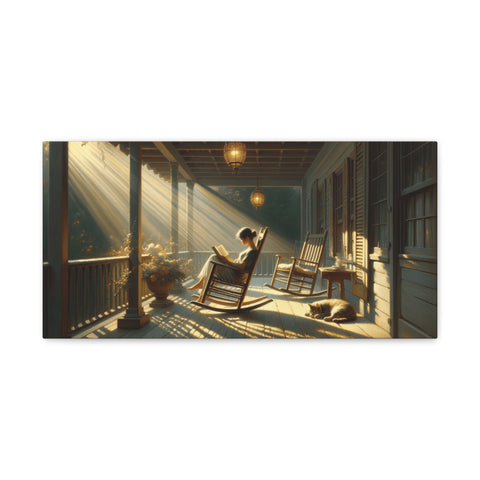A serene canvas art depiction of a person in a relaxed pose reading on a sunlit porch with a lounging dog, surrounded by rocking chairs and hanging lanterns.