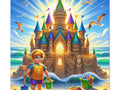 A vibrant canvas art depicting a young boy building a sandcastle on a beach, with an imaginative, grand castle rising behind him under a sunny sky with seagulls flying overhead.