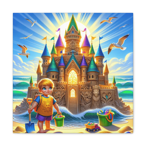 A vibrant canvas art depicting a young boy building a sandcastle on a beach, with an imaginative, grand castle rising behind him under a sunny sky with seagulls flying overhead.