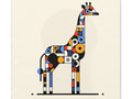 A canvas art piece featuring a stylized giraffe composed of colorful geometric shapes on a cream background.