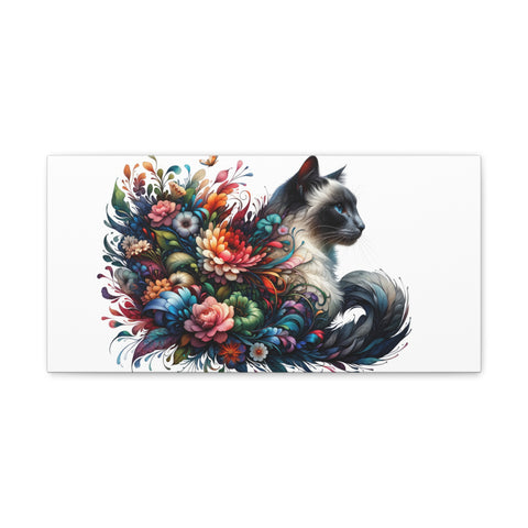 A canvas art piece featuring a Siamese cat merged with an intricate floral design in a vibrant array of colors.