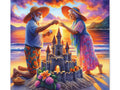 An elderly couple lovingly building a sandcastle on the beach at sunset, captured on a vibrant canvas art piece.