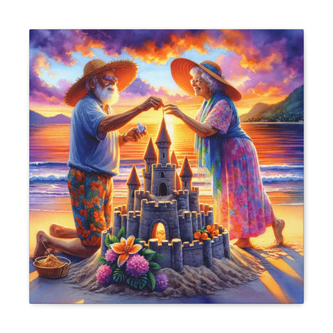 An elderly couple lovingly building a sandcastle on the beach at sunset, captured on a vibrant canvas art piece.