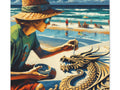 A vibrant canvas art depicting a person in a hat and sunglasses focused on drawing a detailed dragon in the sand, with beachgoers and the ocean in the background.
