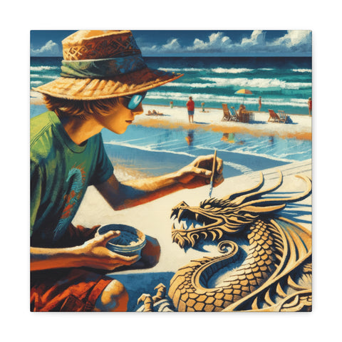 A vibrant canvas art depicting a person in a hat and sunglasses focused on drawing a detailed dragon in the sand, with beachgoers and the ocean in the background.