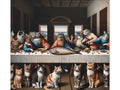 A whimsical canvas art interpretation of "The Last Supper" featuring an array of cats with human-like postures sitting at a long dining table.