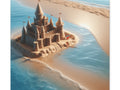 A canvas art depicting an intricately detailed sandcastle with multiple towers and battlements, sitting on a small island surrounded by gently lapping ocean waves.