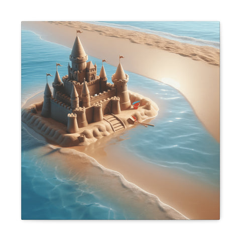 A canvas art depicting an intricately detailed sandcastle with multiple towers and battlements, sitting on a small island surrounded by gently lapping ocean waves.