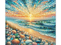 A canvas art piece featuring a stylized mosaic beachscape with an array of colorful stones, shells, and a radiant sunset over the ocean.
