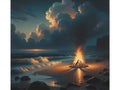 A canvas depicting a serene beach scene at twilight with a vivid bonfire casting a warm glow on the surrounding rocks and reflective waves under a dramatic sky.