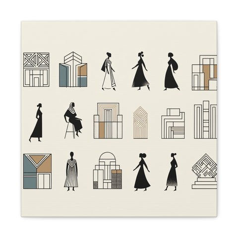 A canvas art piece featuring stylized illustrations of fashionably dressed people and assorted abstract geometric buildings on a cream background.