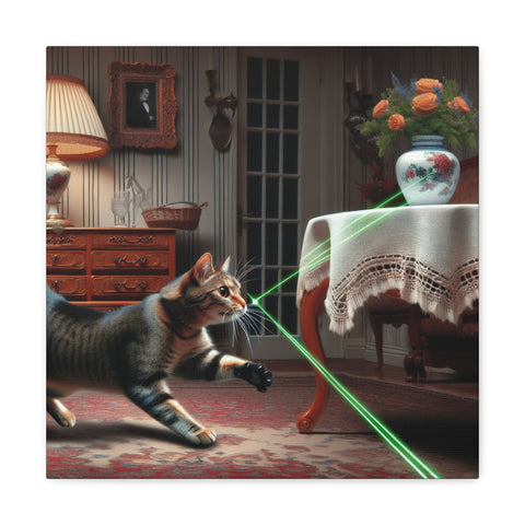 A canvas art depicting a playful cat with striking green eyes, pawing at vibrant green laser beams in a cozy, traditional living room setting, filled with classic furniture and warm lighting.