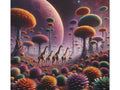 A canvas art depicting a surreal landscape with giraffes walking among vibrant, fantastical flora under a large, looming planet in a starry sky.