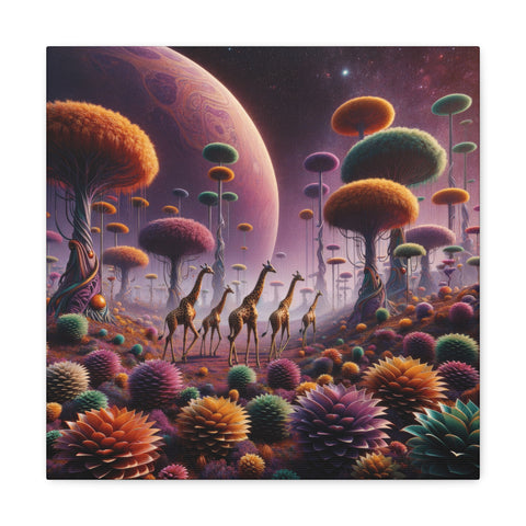 A canvas art depicting a surreal landscape with giraffes walking among vibrant, fantastical flora under a large, looming planet in a starry sky.
