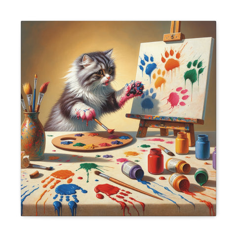A whimsical canvas art depicting a raccoon with paint on its paws creating colorful splotches on a canvas, surrounded by spilled paint containers and artistic tools.