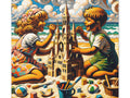 A vivid canvas art depicting two children building an elaborate sandcastle on a beach, with playful clouds and colorful toys surrounding them.