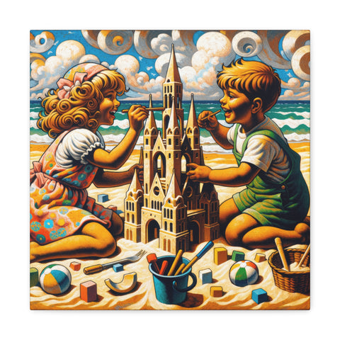 A vivid canvas art depicting two children building an elaborate sandcastle on a beach, with playful clouds and colorful toys surrounding them.