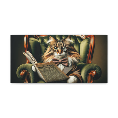 An imaginative canvas art piece depicting an anthropomorphized cat wearing round glasses and a bowtie while reading a newspaper in a classic green armchair.