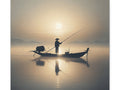 A tranquil canvas art of a silhouette of a fisherman standing on a boat casting a line into the reflective water at sunrise or sunset with a soft palette of grays and yellows.