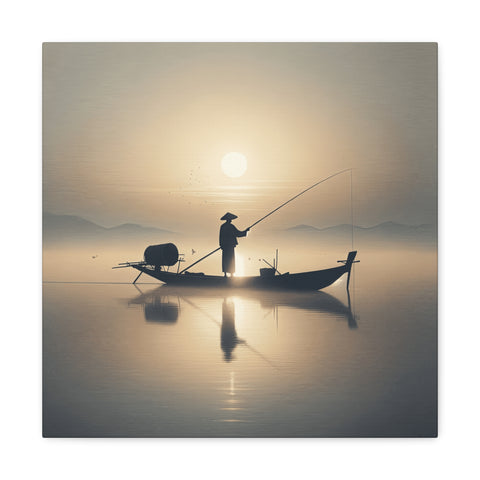 A tranquil canvas art of a silhouette of a fisherman standing on a boat casting a line into the reflective water at sunrise or sunset with a soft palette of grays and yellows.