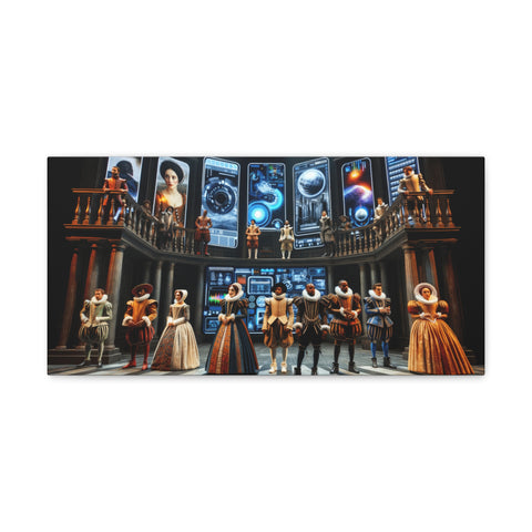 A canvas art depicting a stylized gathering of various individuals in historical dress standing in a grand hall filled with futuristic screens and artifacts.