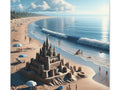 A canvas art depicting a serene beach scene with people relaxing and playing near a large, intricate sandcastle under a clear blue sky.