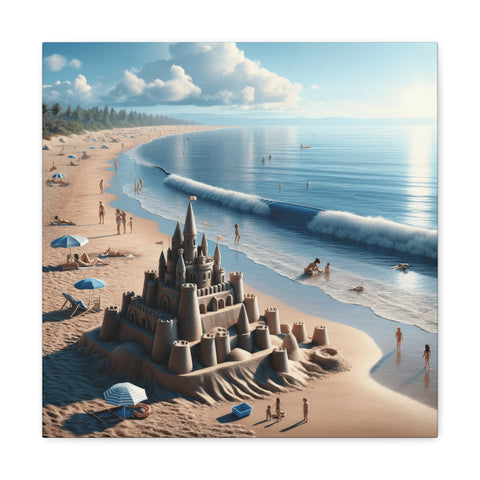 A canvas art depicting a serene beach scene with people relaxing and playing near a large, intricate sandcastle under a clear blue sky.