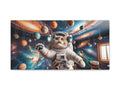 A whimsical canvas art piece featuring a cat astronaut reaching out amid a colorful cosmic setting with planets and a surreal mix of indoor elements like a window and chandelier.