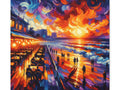 A vibrant canvas art piece depicting a lively boardwalk scene with people, illuminated by street lamps, against a dramatic backdrop of swirling sunset skies and reflective water.