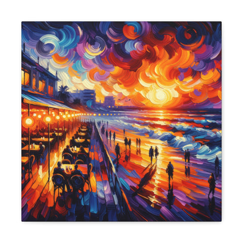 A vibrant canvas art piece depicting a lively boardwalk scene with people, illuminated by street lamps, against a dramatic backdrop of swirling sunset skies and reflective water.