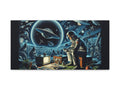 "Canvas art depicting a surreal cosmic scene with an astronaut sitting in front of a vintage TV, surrounded by various objects and creatures floating in space against a backdrop of planets and stars."