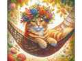 A canvas art piece depicting an orange tabby cat with striking amber eyes, wearing a vibrant flower crown, lounging contently in a hammock surrounded by a whimsical array of colorful flowers and fruits.