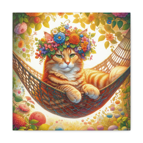 A canvas art piece depicting an orange tabby cat with striking amber eyes, wearing a vibrant flower crown, lounging contently in a hammock surrounded by a whimsical array of colorful flowers and fruits.