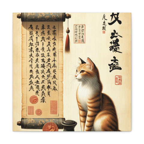 A canvas art piece featuring a realistically painted orange and white cat sitting beside a traditional Asian scroll adorned with calligraphy and seals.