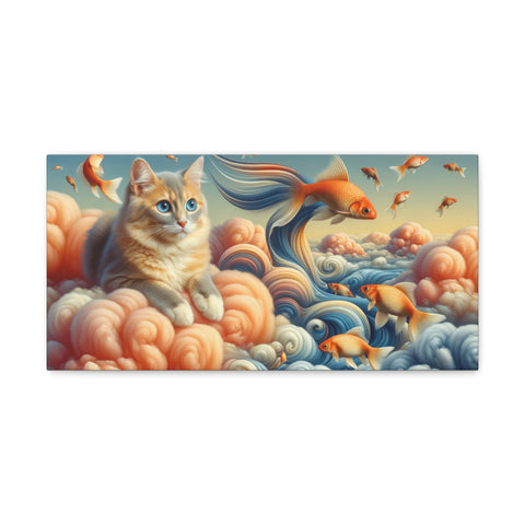 A whimsical canvas art piece featuring a realistic orange cat perched on vibrant clouds amidst a surreal scene of goldfish swimming through the air with a soft blue sky in the background.