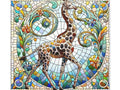 A canvas art piece depicting a colorful, stained glass style illustration of a giraffe amidst a vibrant background of swirling patterns and foliage.