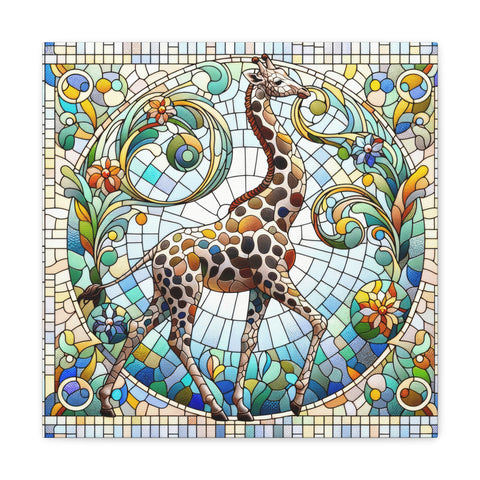 A canvas art piece depicting a colorful, stained glass style illustration of a giraffe amidst a vibrant background of swirling patterns and foliage.