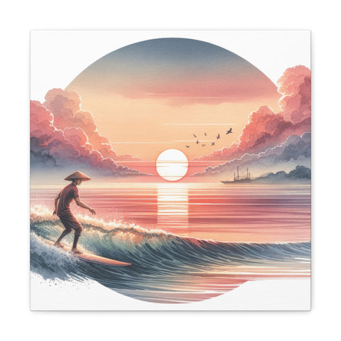 A canvas art depicting a serene scene with a surfer riding a wave at sunset beneath a large round sun, with birds in the sky and a ship on the horizon.