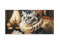 A whimsical canvas art piece featuring an elegantly dressed cat with a ruff collar and a hat, set in a sumptuous Victorian-style room.