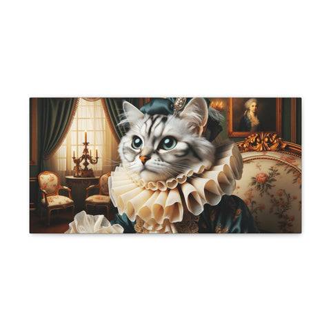 A whimsical canvas art piece featuring an elegantly dressed cat with a ruff collar and a hat, set in a sumptuous Victorian-style room.