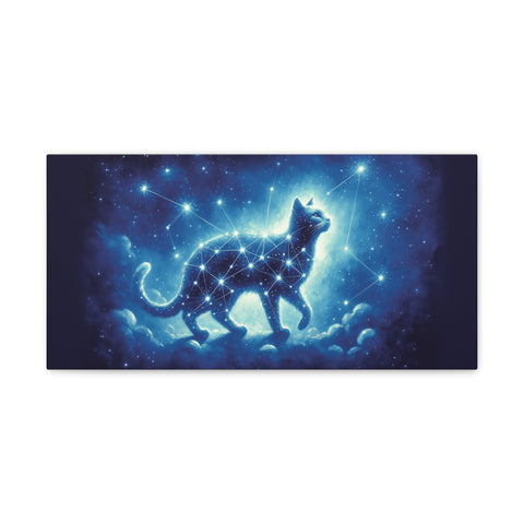 A canvas art of a celestial cat formed by starry constellations walking through a mystical nebulae-studded night sky.