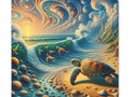 A vibrant canvas art depicting a surreal ocean scene with swirling waves, a sea turtle, and a sky filled with celestial bodies, all in a detailed, fantastical style.